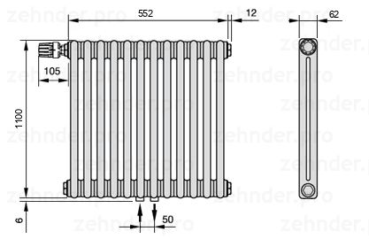 Схема (чертеж) Радиатор Zehnder Charleston 2110/12 №V007 Белый глянцевый RAL 9016